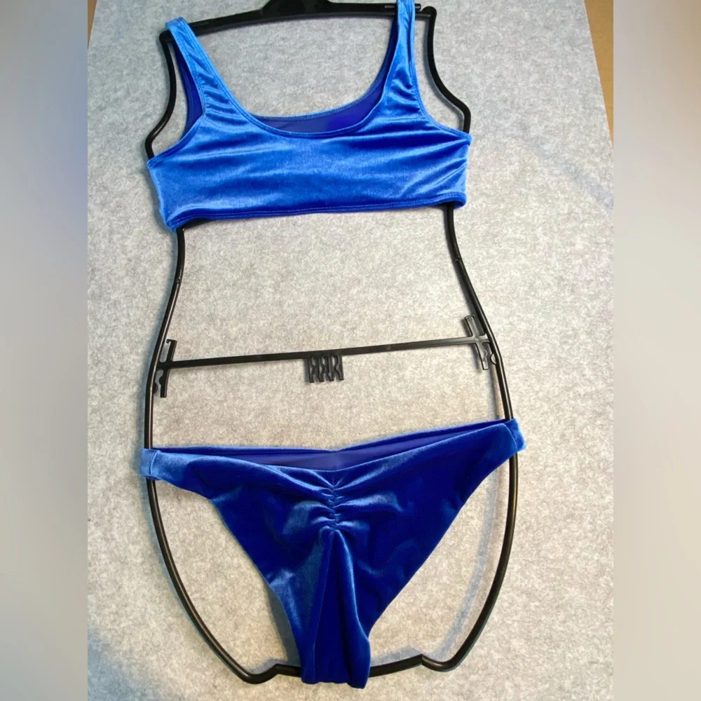 S04 Frankie’s Bikinis Blue Velour Swimsuit M
